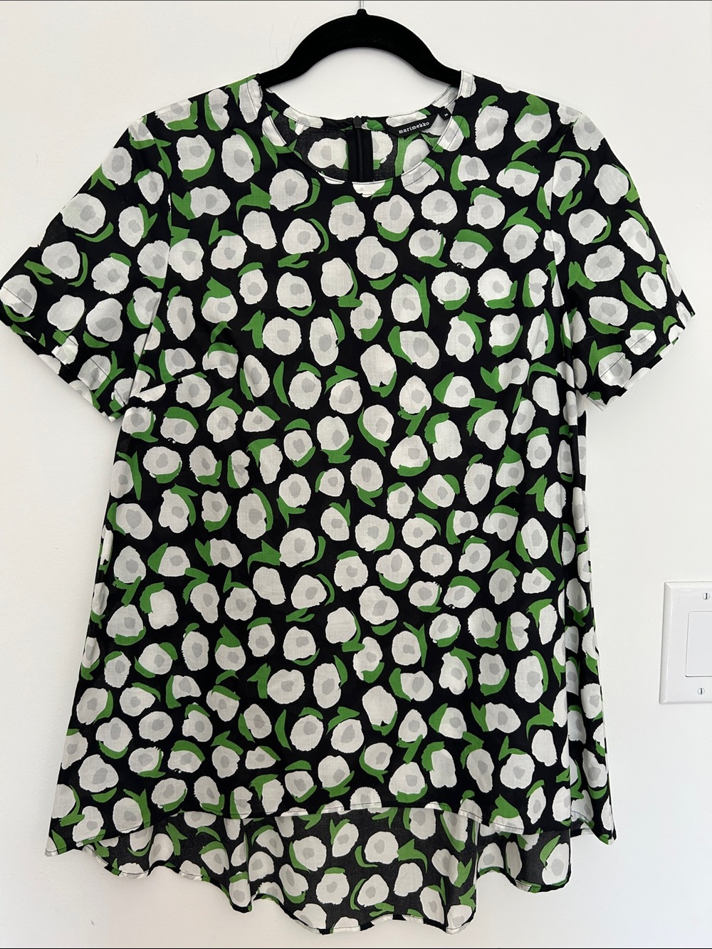 Marimekko Black Blouse with White Floral & Green Leaves